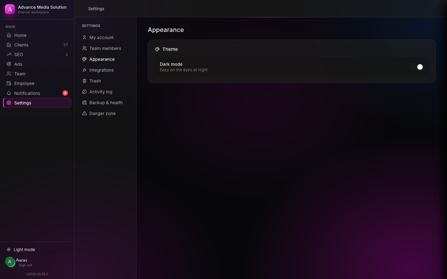 Dark mode workspace